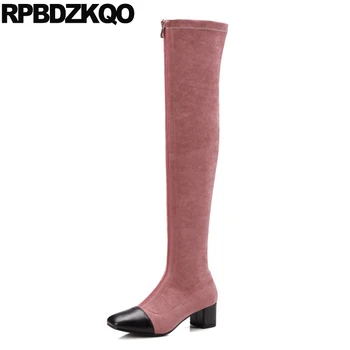 

boots pink tall thigh high 2019 sheepskin square toe 10 chunky long big size front zipper fashion luxury brand shoes women thick