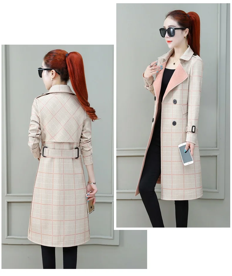 Autumn deer velvet plaid jacket female was thin spring fashion windbreaker coat ladies medium long windbreaker women's jackets