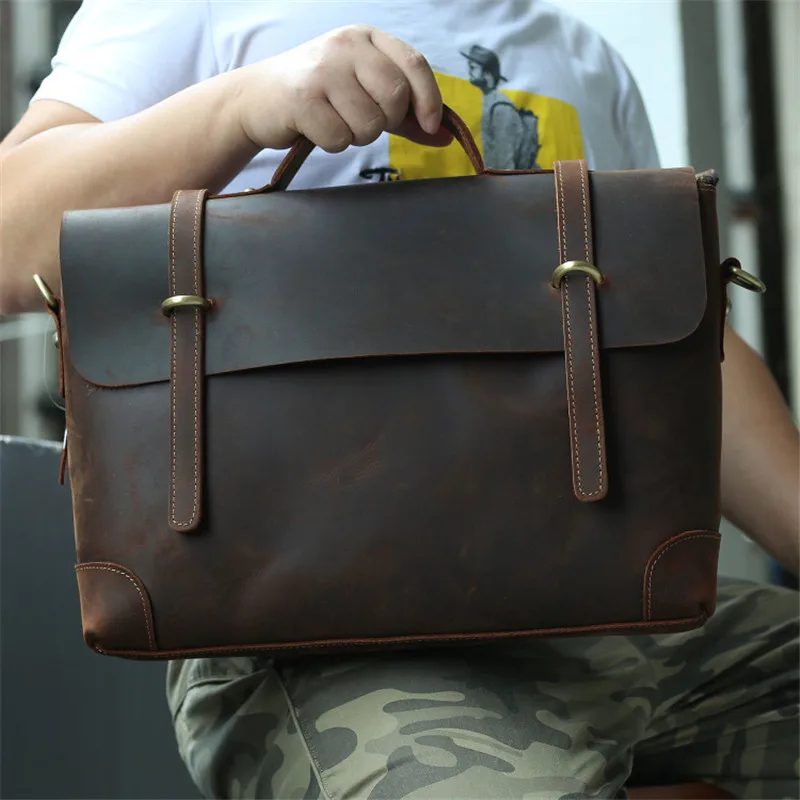 Nesitu Highend A4 Dark Brown Thick Genuine Crazy Horse Leather 14'' Laptop Office Men's Briefcase Messenger Bag Portfolio M1033 |