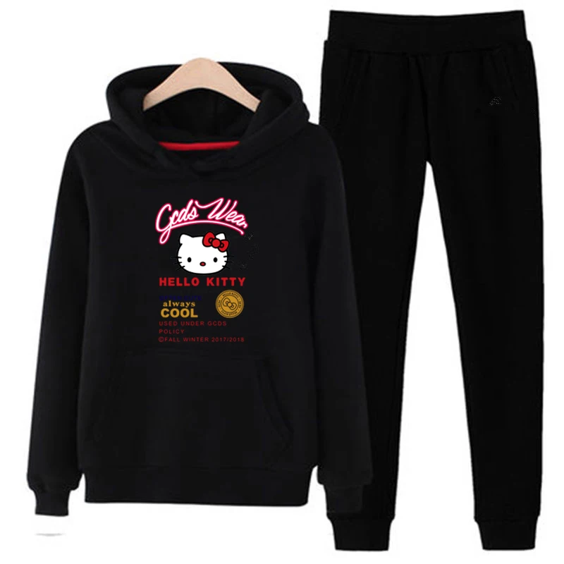 T09 3xl плюс размер hello-kitty 2 шт Женские повседневные спортивные толстовки с капюшоном костюмы толстовка+ спортивные штаны комплект теплая одежда спортивный Спортивный костюм женский - Цвет: Black