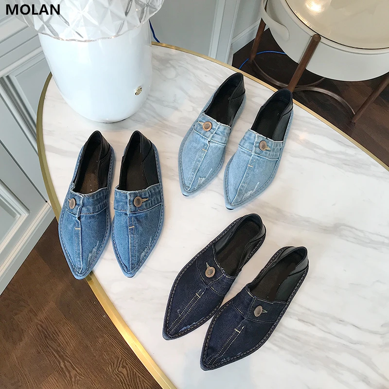 

MOLAN Brand Designers 2019 Autumn Korean Fashion Denim Cloth Soft Bottom Comfortable Flats Shoes Women Slip On Loafers Buckle