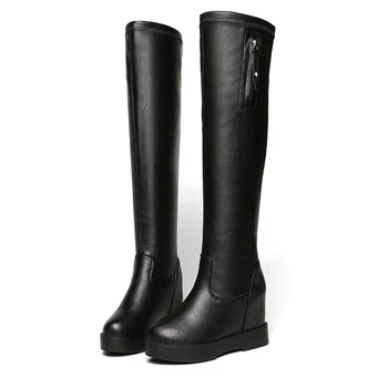 

Knee Women High Boots Autumn 2020 Female High Platform Shoes Black Stretch Leather Boots Winter Warm Plush Women Knee High Boots