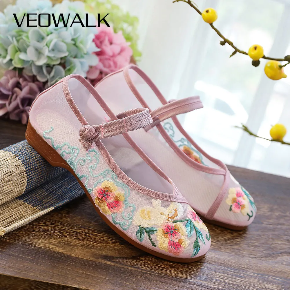 Veowalk Gauze Fabric Embroidered Women Breathable Flat Shoes Chinese