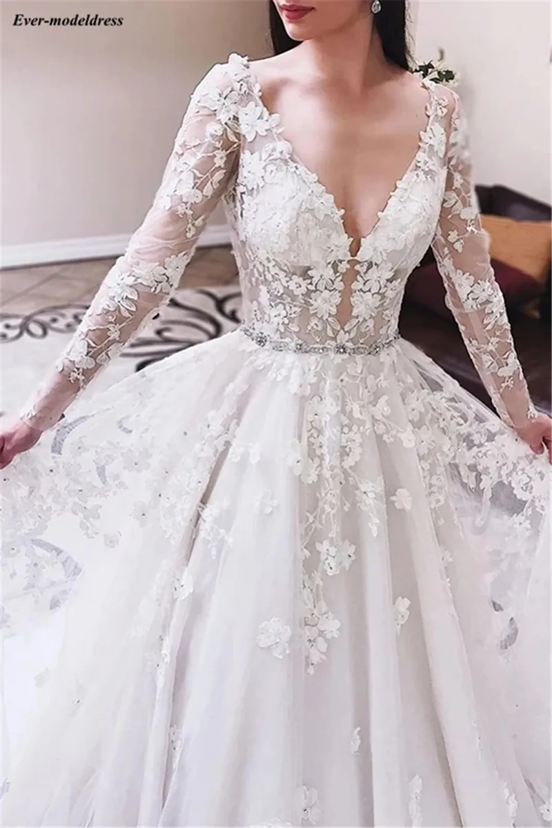 Vestido De Noiva, кружевные свадебные платья, с длинным рукавом, v-образный вырез, открытая спина, ТРАПЕЦИЕВИДНОЕ платье невесты, платья невесты