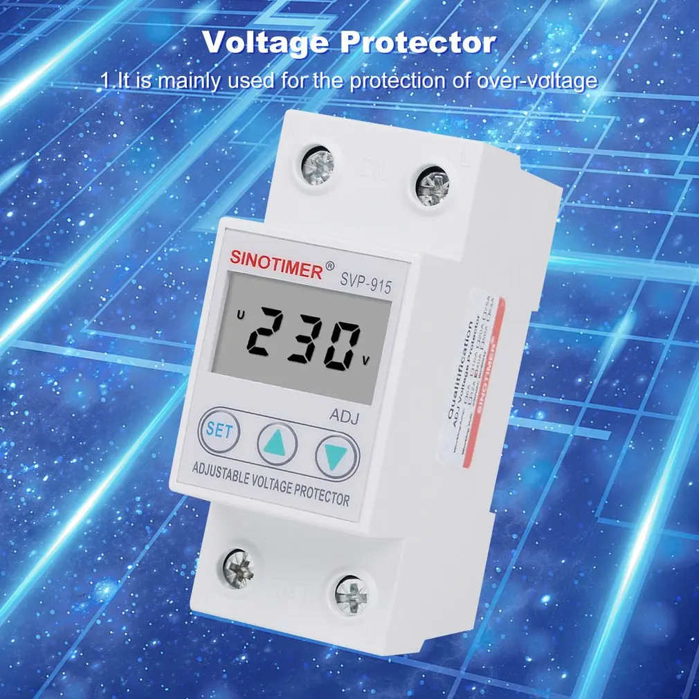 SINOTIMER SVP-915 защита напряжения 230V 40A/63A регулируемый авто-восстановление под/над релейный выключатель защитное устройство с ЖК-дисплеем