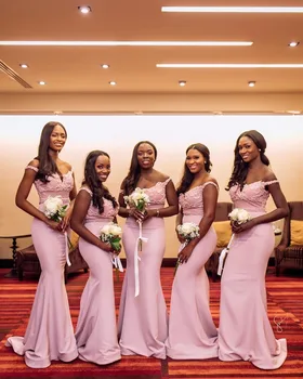 

Sexy Off The Shoulder Mermaid Pink Bridemaid Dresses Long Beaded Lace Appliques African Black Women Formal Wedding party Dress