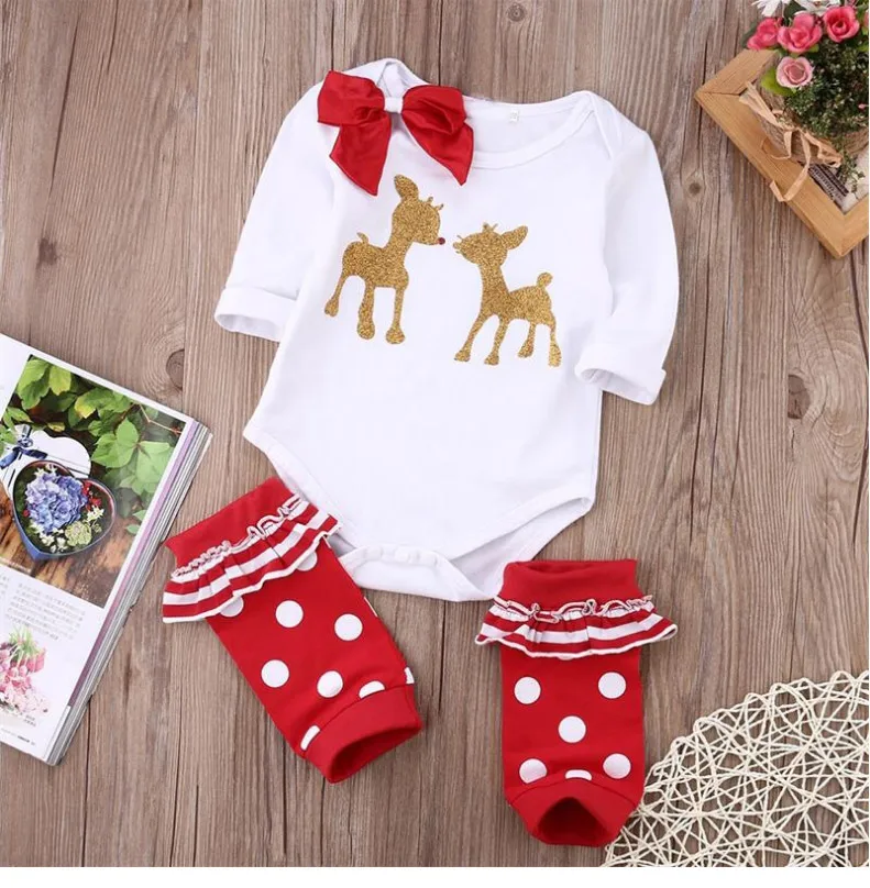 Newborn Christmas Deer Outfit Baby Bodysuits+ Socks Cotton Underwear Jumpsuit Infant Clothing Set Fall Autumn