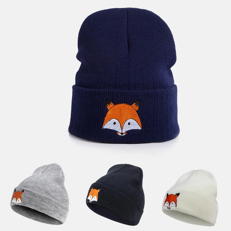 

New Men Women Autumn Winter Hats Fashion Fox Head Embroidery Wool Hats Warm Trend Warm Crochet Knit Lovely Soft Beanie Hats