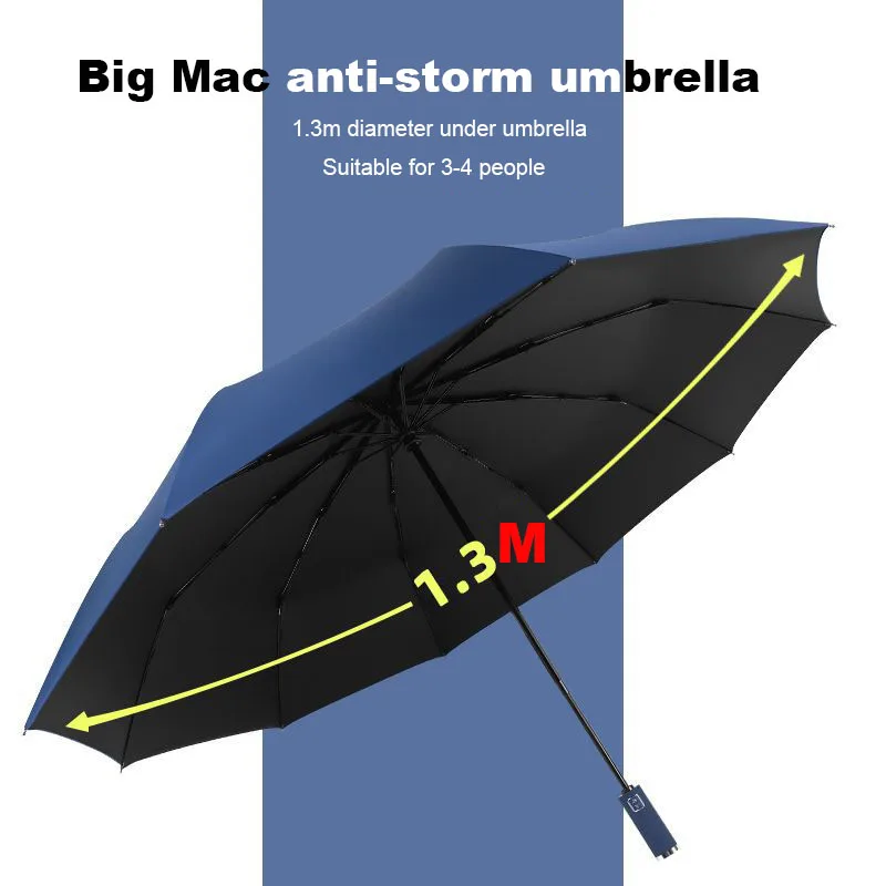 Windproof Umbrella Large Size Foldable Strong Windproof Travel Umbrella Rain Women Family 130cm Big Paraguas 3 Folding Rain Storm Umbrella for Men