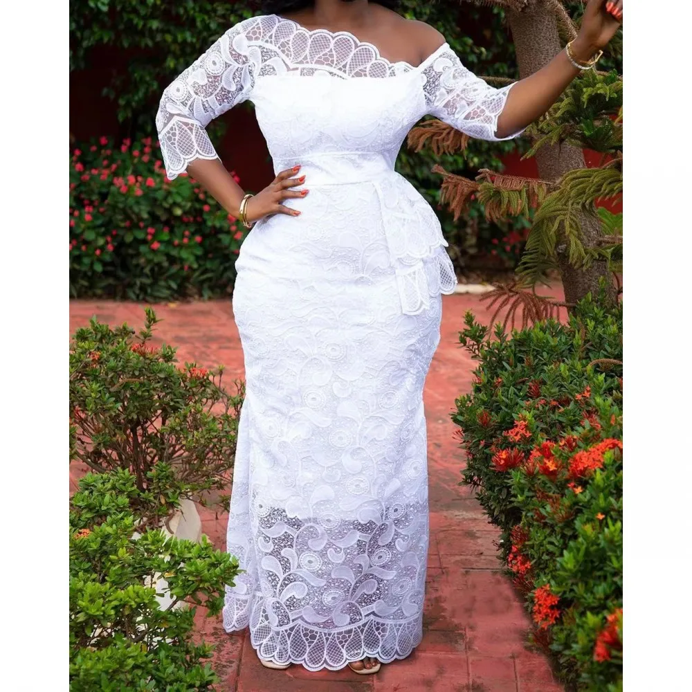 Evening Party Club Dinner Christmas Lace Embroidery Maxi Dress Weddings Gowns Elegant Plus Size Women White Dress Vestido  Robe