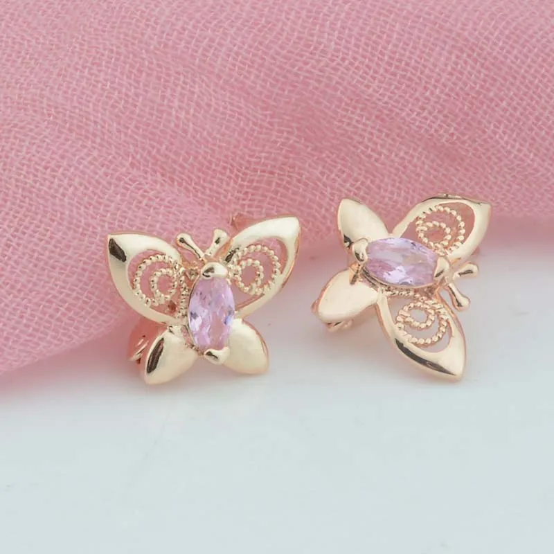 FJ Women Butterfly 585 Rose Gold Color Pink Cubic Zircon Stone Drop Earrings