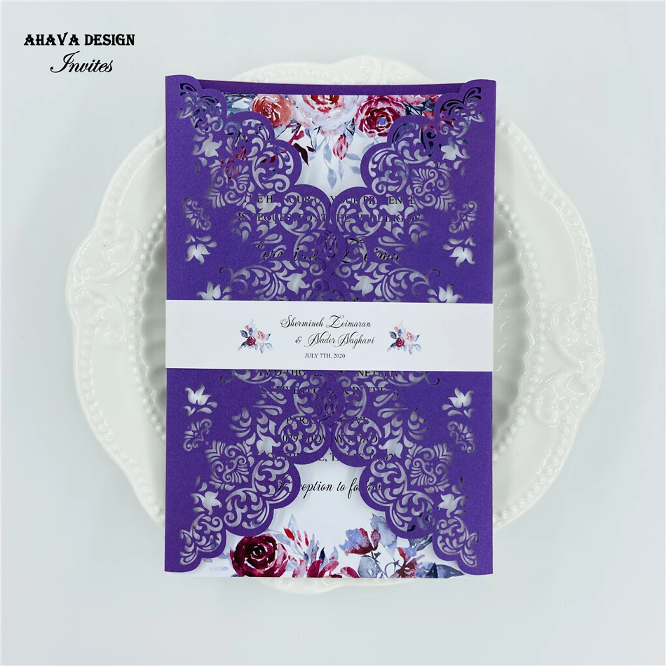 

Shimmery Purple Romantic Laser Cut Lace Invitations With Bellly Band for Wedding, Customized Wedding Invite