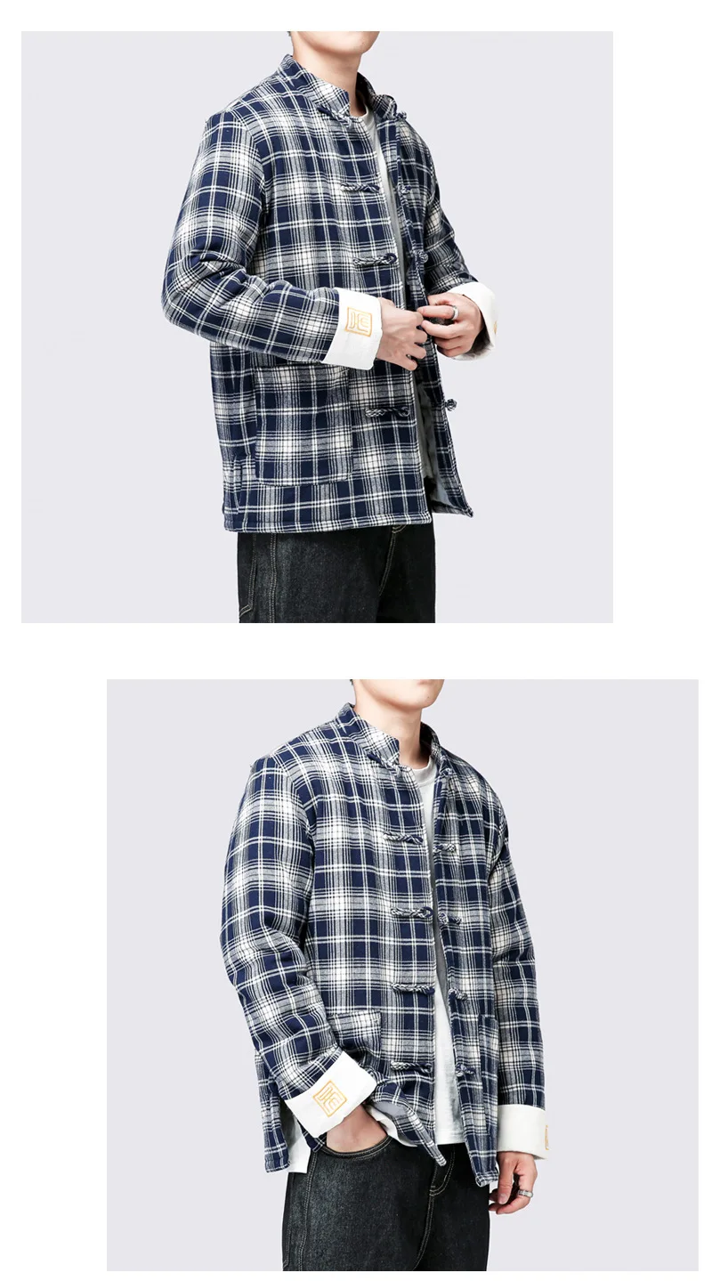 Men's Casual Thick Frog Cotton Coat Winter Style Chinese-style Men's Cotton Linen Tops Chinese Costume Plaid Ethnic-Style C