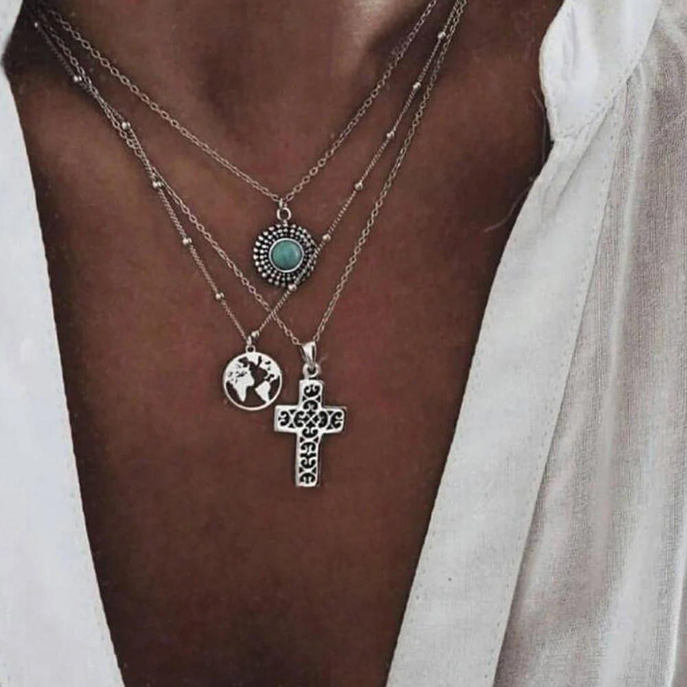 

Vintage Multilayer Cross Map Pendant Necklace for Female Bohemian Silver Green Stone Geometric Collar Necklace Jewelry