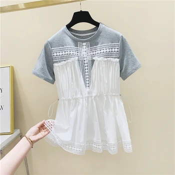 

Lace Stitching Drawstring T Shirts Women Cotton Wild Fashion Casual Short Sleeve T-shirt Female New 2020 Summer Korean Style Top