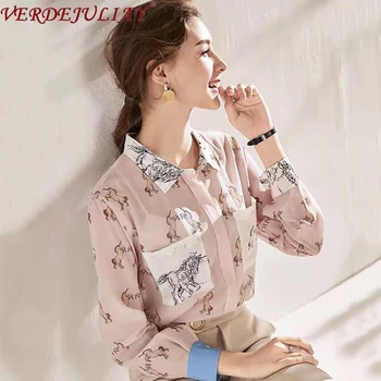 

VERDEJULIAY Top Quality 100% Mulberry Silk Shell Blouse Women Covered Single-Breasted 2020 Spring Stitching Unicorn Print Shirt