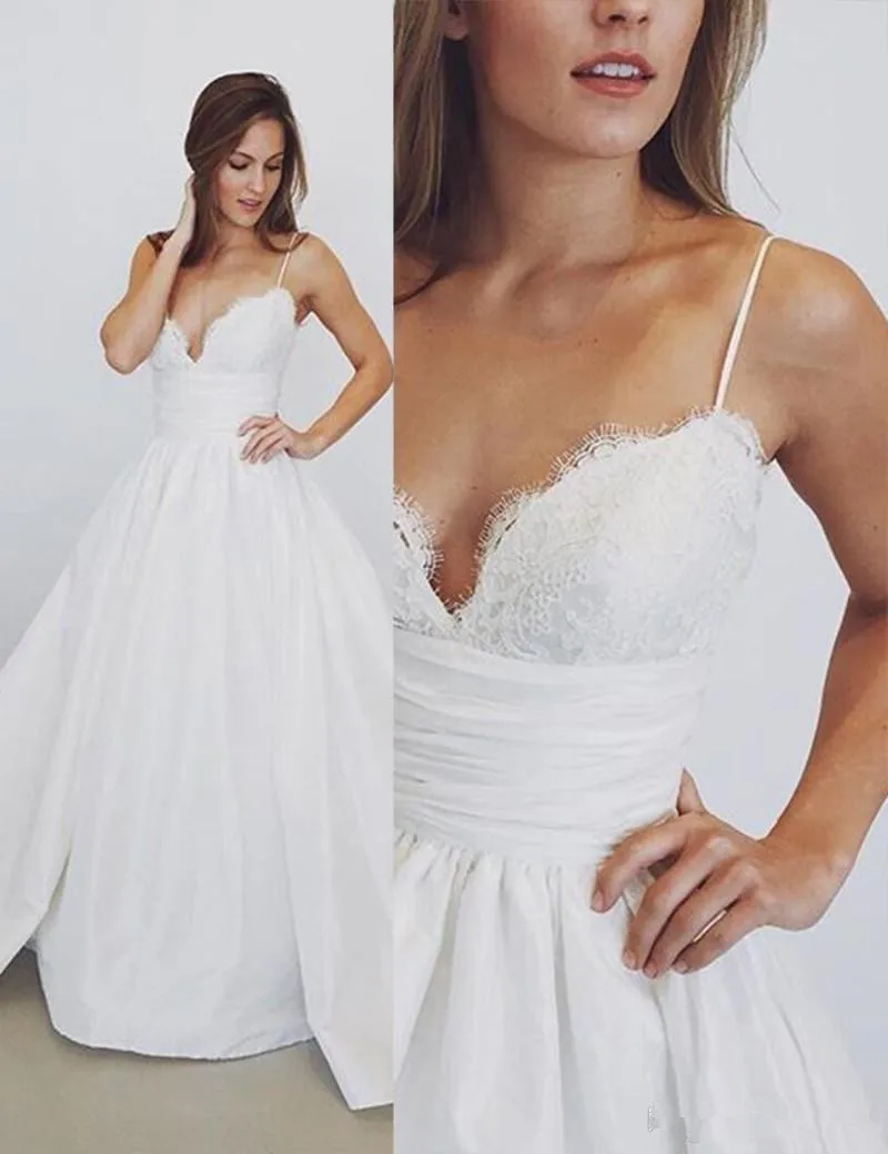 

Elegant Spaghetti Straps Lace Wedding Dresses 2019 A-Line bride Bridal Gowns sexy taffeta modest wedding gowns plus size Vestios