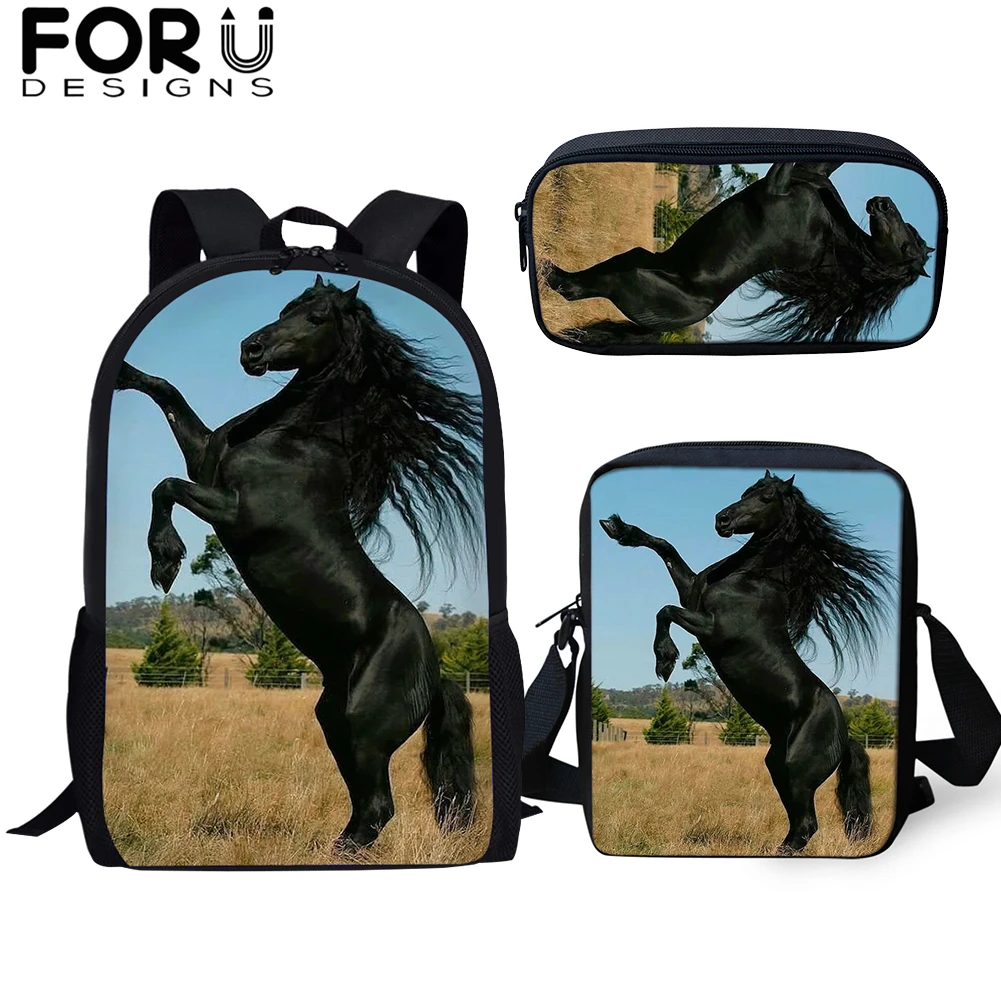 

FORUDESIGNS 3Pcs/Set Handsome Friesian Horse Printing School Bag for Boys Teenager Girls Backpacks Child Students Travel Bagpack