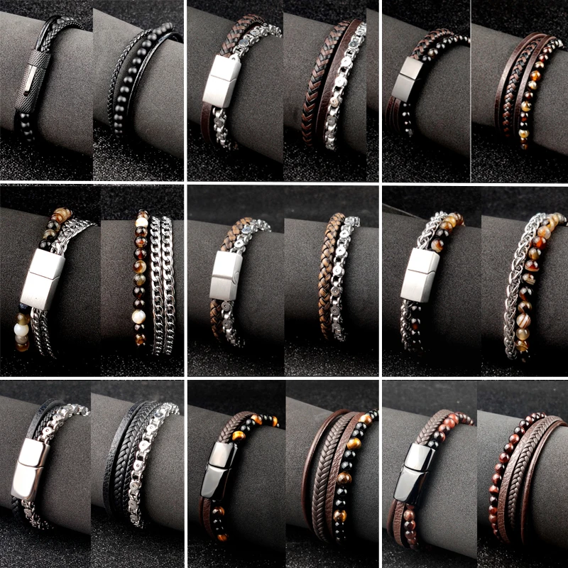 4Pcs/ Set Braided Wrap Leather Bracelets for Men VintageTiger eyes stone Charm stainless steel men Beads Ethnic Tribal Wristband
