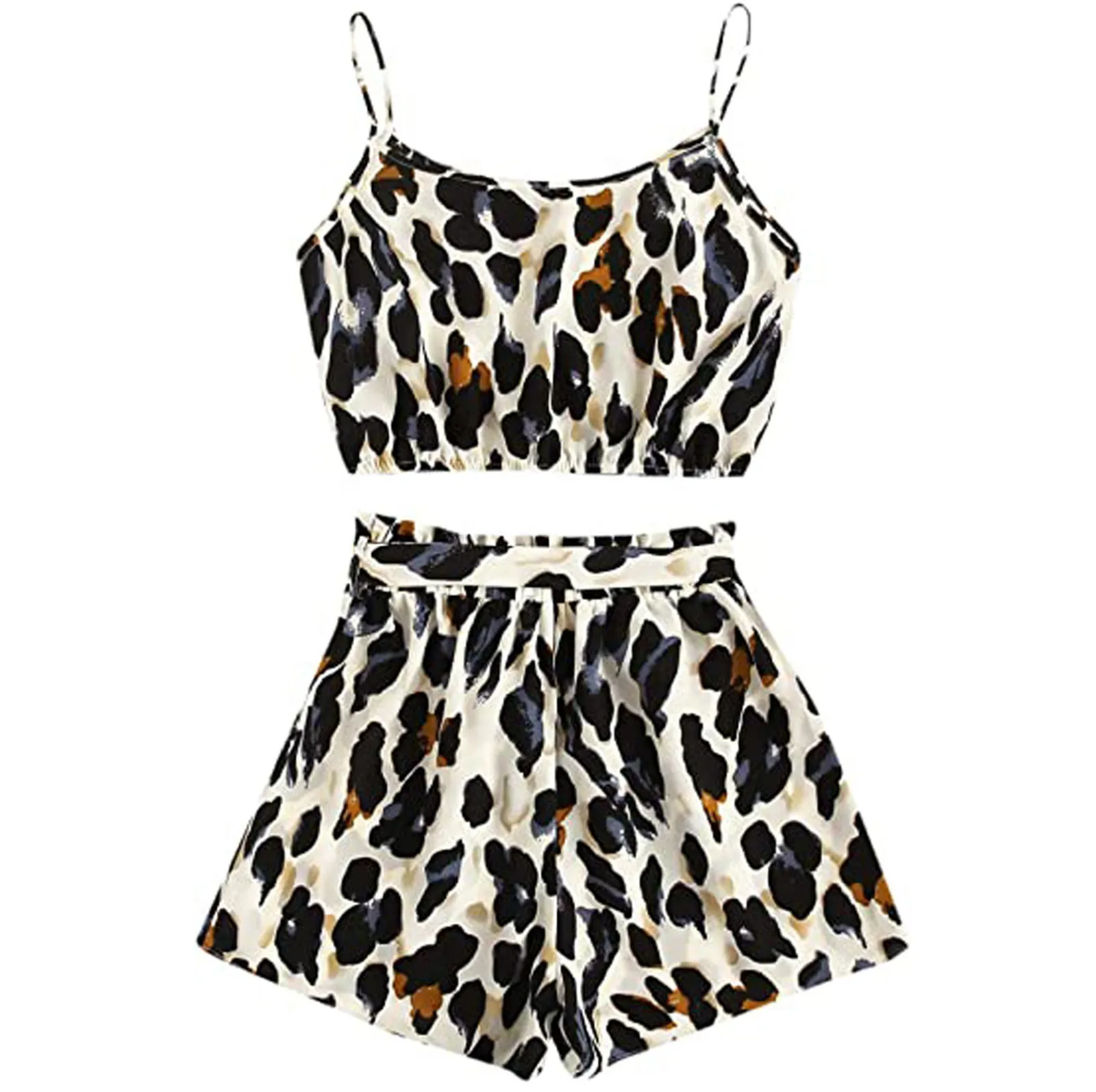 Leopard Shorts suit Female Two Piece Loungewear Suit Women's Fashion Suit Outfits Sleeveless Casual Cami Top and Shorts Set 2021 2