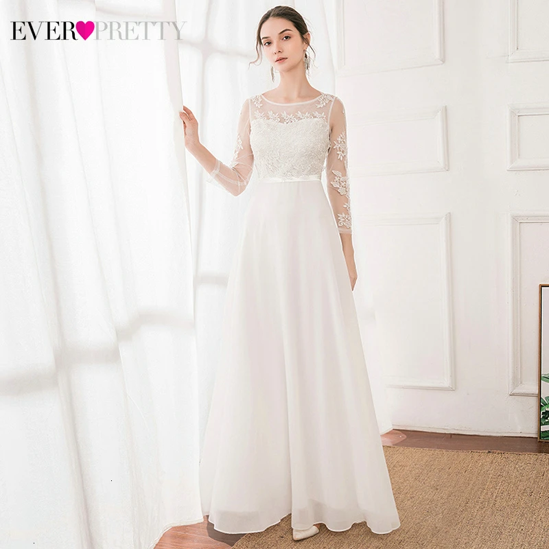 

White Floral Lace Evening Dresses Ever Pretty A-Line O-Neck 3/4 Sleeve Appliques See-Through Evening Gowns Vestido Longo Festa