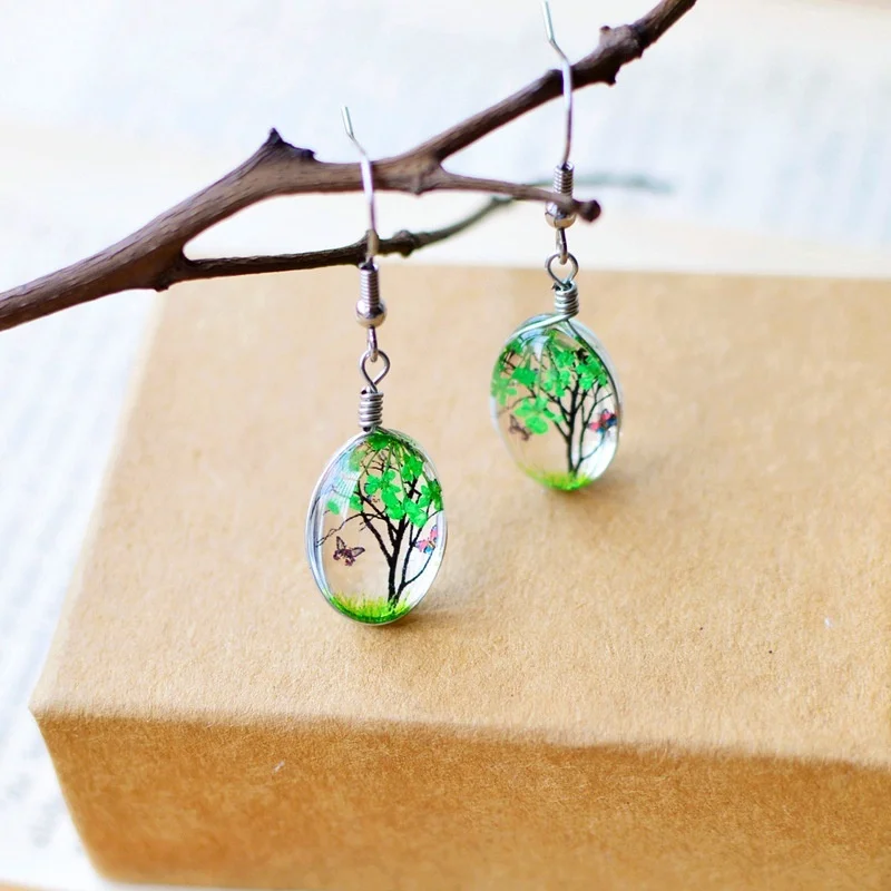 Plant Dry Dried Real Flower Earring Drop Earring Glass Ball Pressed Flower for Women