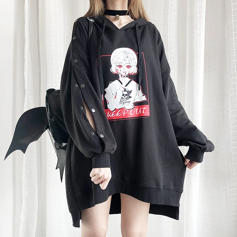 Готический череп Графический для женщин Лолита девушки полые длинные толстовки Японский Harajuku панк аниме Kawaii Мода Объемная толстовка