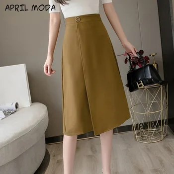 

Spring Summer 2020 Elegant Work Wear Women Midi Skirts Front Cross Button Korean OL Style High Waist A-Line Skirts Faldas Mujer