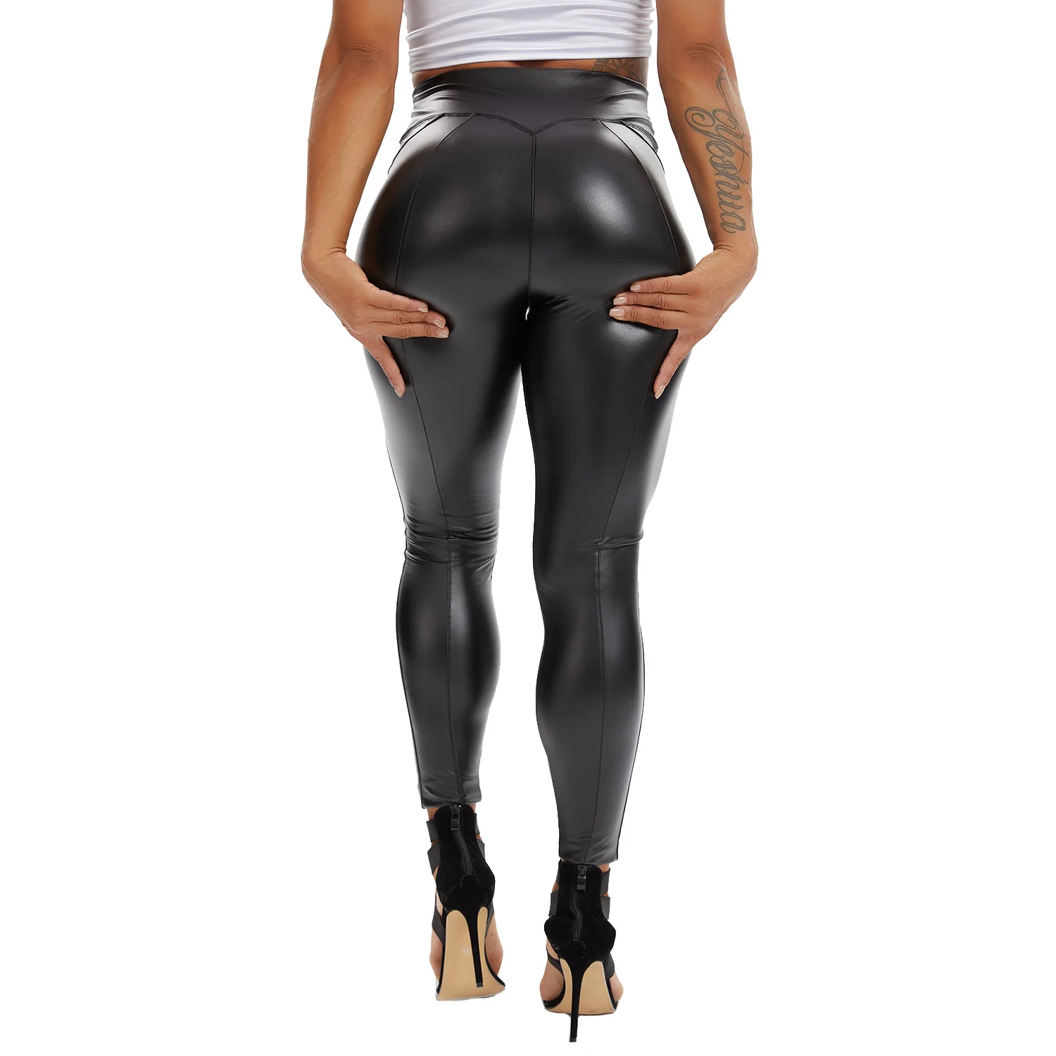 Leggings Yoga Pants Sports Leggings Sports Pants Women's High Waist Zipper PU Leather Faux Thin Sexy Curvy Elastic Tummy Control Ruched Fitness