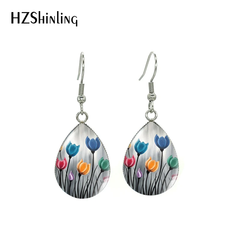 Tulip Painting Cute Beauty Blue Red Purple Flowers Tear Drops Fish Hook Dangle Earrings Handmade Jewelry Earrings