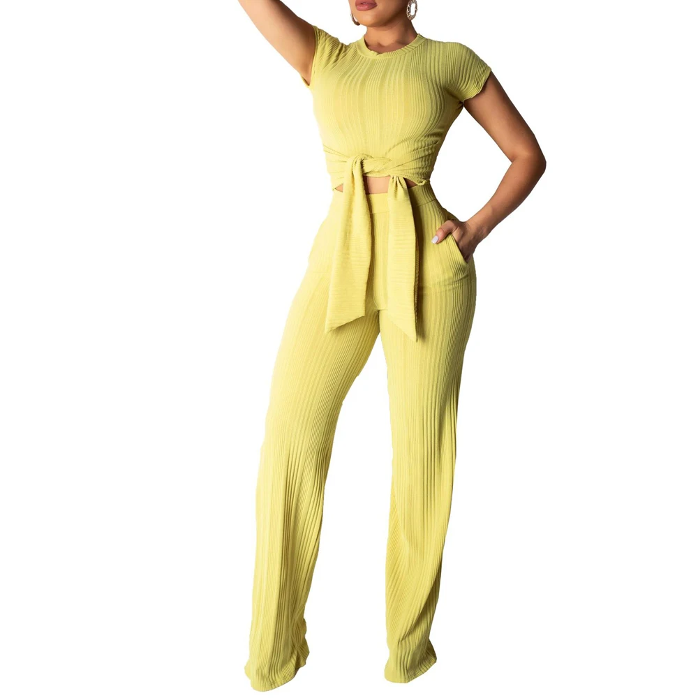 

Women knitted short sleeve tie up sweater cropped tops casual straight long Pencil pants suits two piece set tracksuit outfit