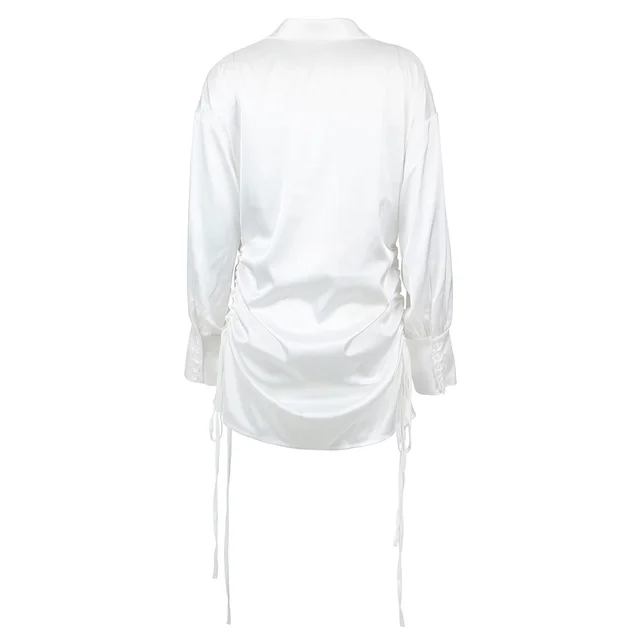 Kendall Jenner Inspired Shirt Dress Drawstring White Silk Long Sleeves Casual Outwear 5