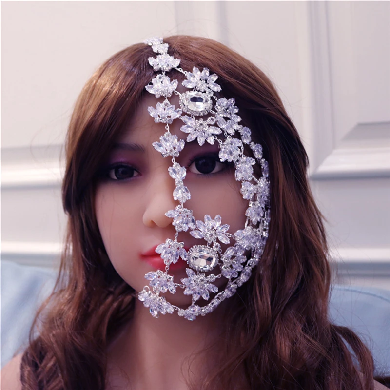 패션 할로윈 반 얼굴 마스크 여성을위한 라인 석 쥬얼리 블링 실버 컬러 리프 Facemask 크리스탈 댄스 쥬얼리