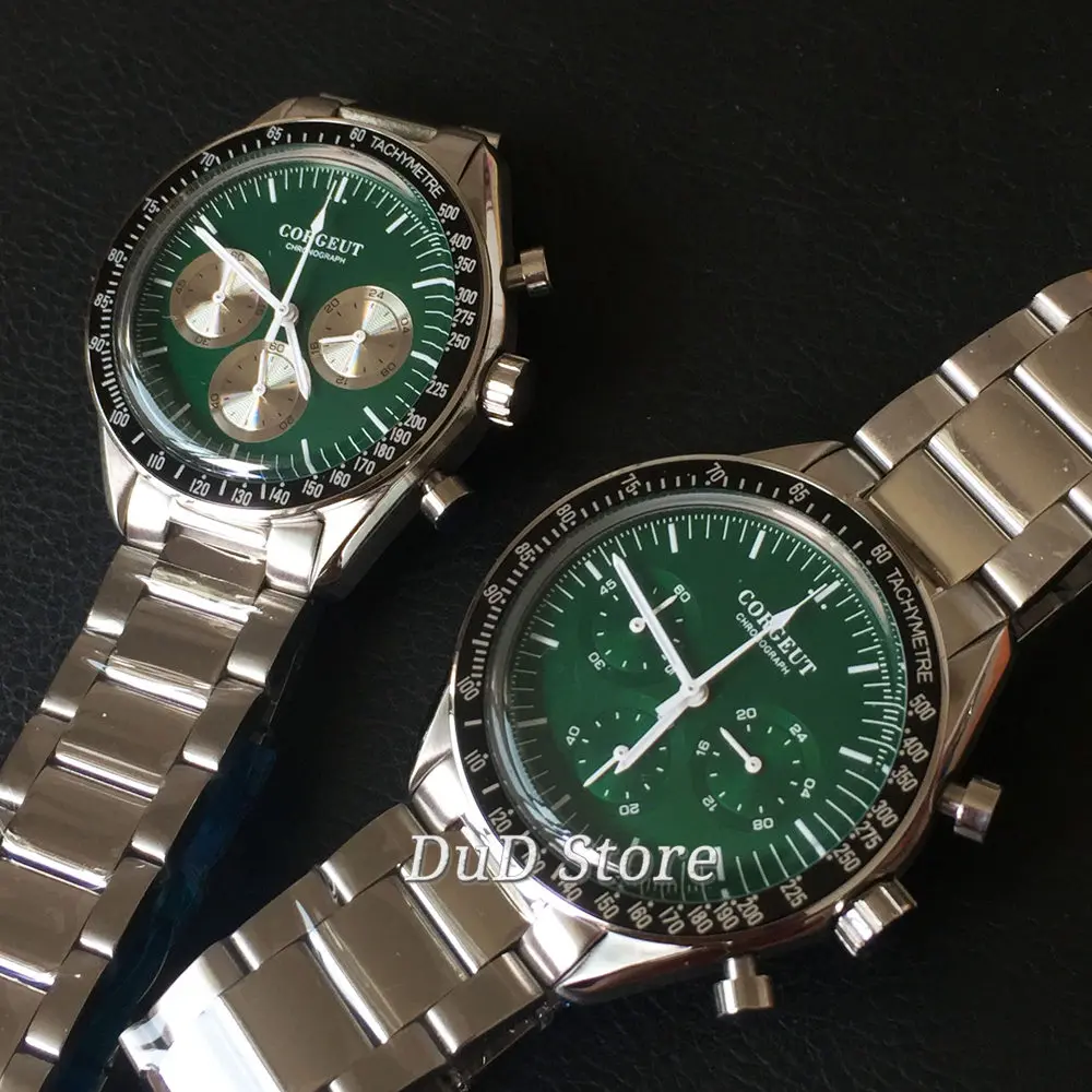 Часы мужские с зеленым циферблатом и кожаным ремешком 40 мм | Наручные часы