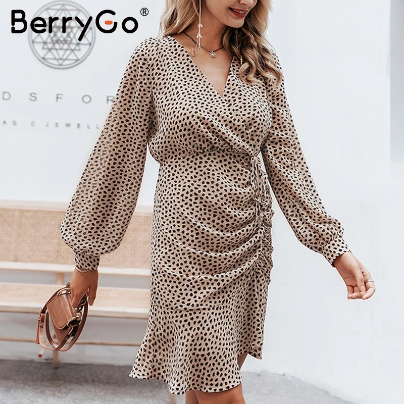 

BerryGo Sexy v-neck leopard dress Women chiffon strap chic autumn ruffle dress Asymmetrical lantern high waist short party dress