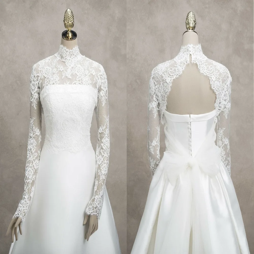 

New High Neck Wedding Lace Appliques Jackets Bridal Boleros Wraps Backless Cape Long Sleeve White Ivory Custom Made Jacket