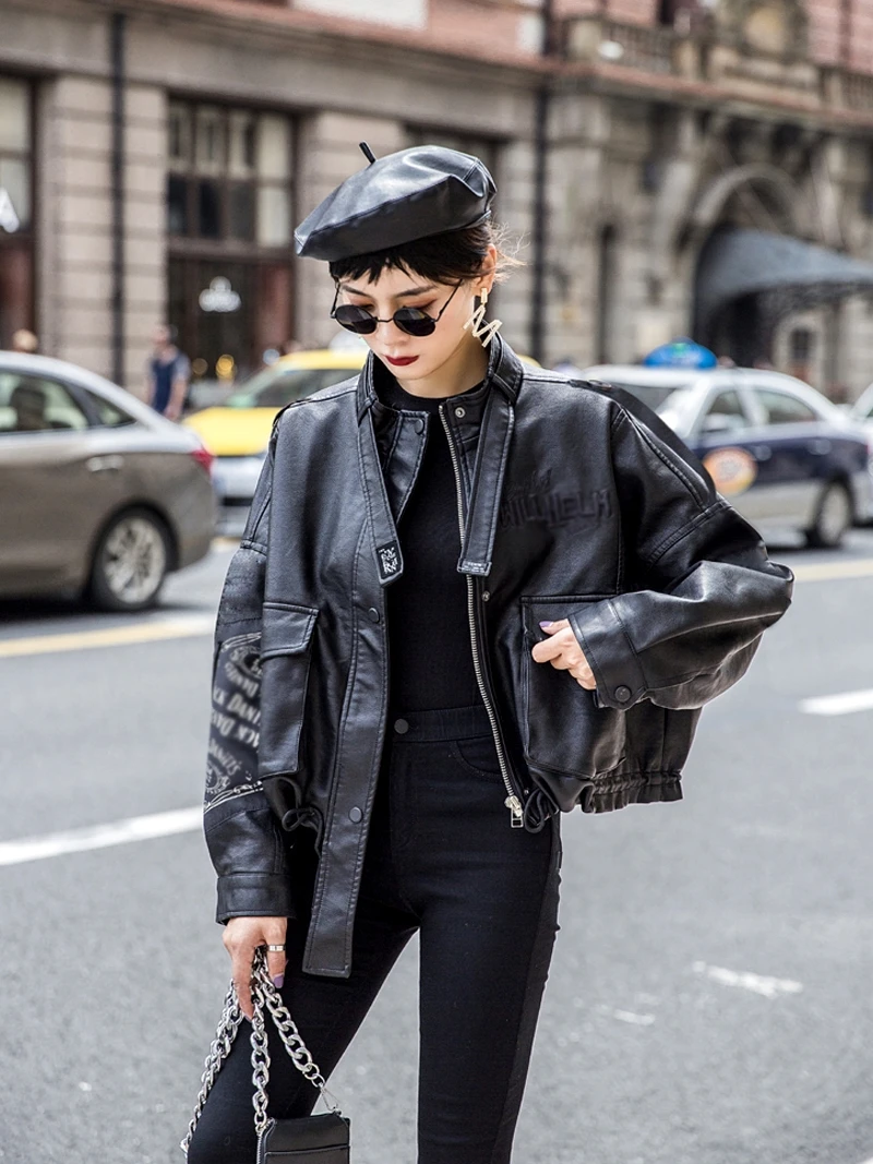 

Leather Jacket Women's Spring And Autumn 2020 New Loose Bat-Style Locomotive PU Leather Biker Casual Jacket Female Tops