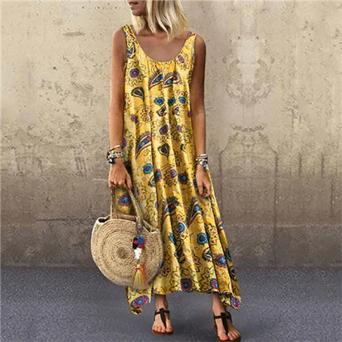 05 yellow MACVARIL 5XL женское Цветочное платье Бохо без рукавов винтажное летнее пляжное длинное платье макси элегантное платье с круглым вырезом размера плюс - Цвет: 05 yellow
