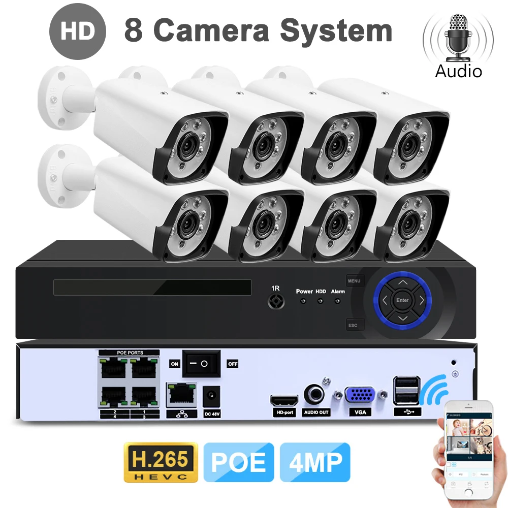 H.265 8CH 1080P 2MP POE камера безопасности система NVR комплект аудио ip-камера IR IP66 CCTV комплект видеонаблюдения 5,0 мегапикселей
