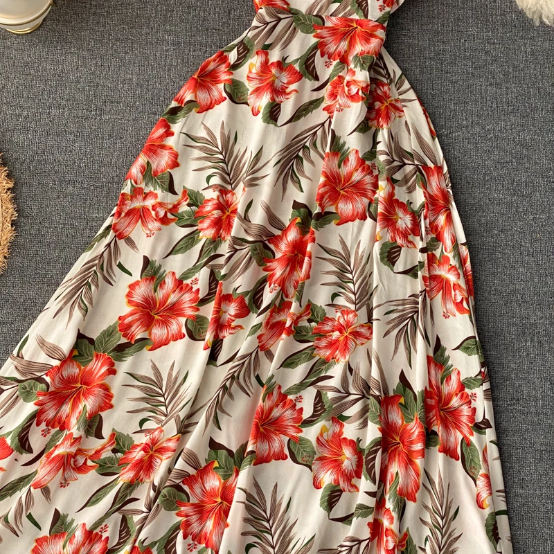 Neploe Sexy Open Back Bohemian Holiday Long Dress High Waist Hip Cross Design Print A Line Vestido V Neck Sleeveless Camis Ropa