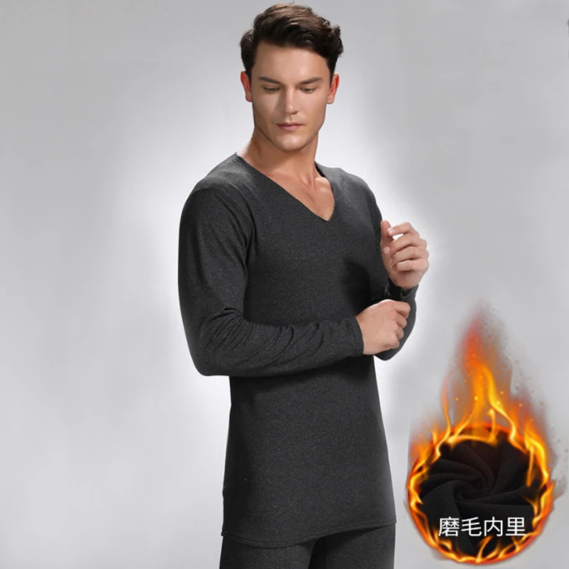 AZ-056-11 dark gray Aismz Новое модное мужское термобелье, мужское длинное осенне-зимнее пальто с v-образным вырезом+ штаны, комплект теплого флиса плотного размера плюс M-4XL - Цвет: AZ-056-11 dark gray
