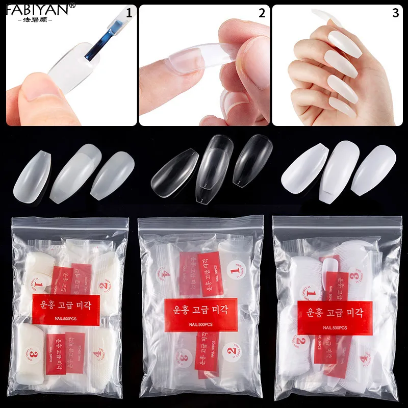 

500Pcs Ballerina Nail Art Tips Full Cover Manicure Fake False Coffin Shape Artificial Acrylic 10 Sizes Tool Clear/Natural/White