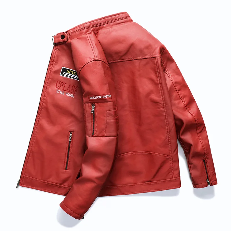 2021 Men's Winter Casual Embroidery Faux Leather Coats Jackets Men Autumn Motorcycle PU Fleece Windproof Jacket Biker For Male 2