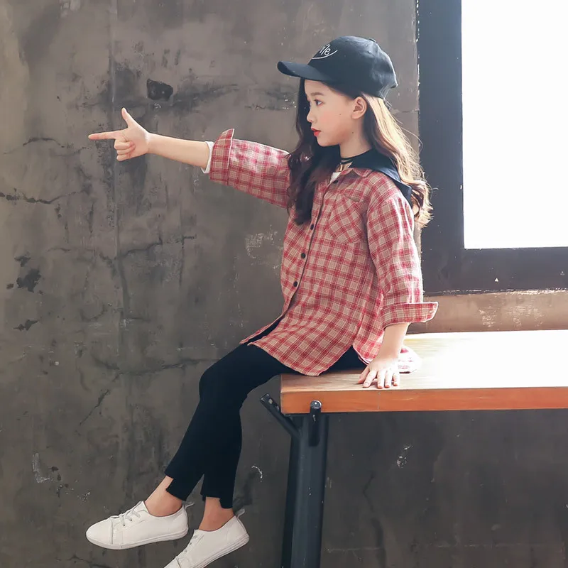 Girls Spring And Autumn New Style Long Shirt Korean-style Hooded Tops Big Boy Single Breasted Shirt Women's Fashion