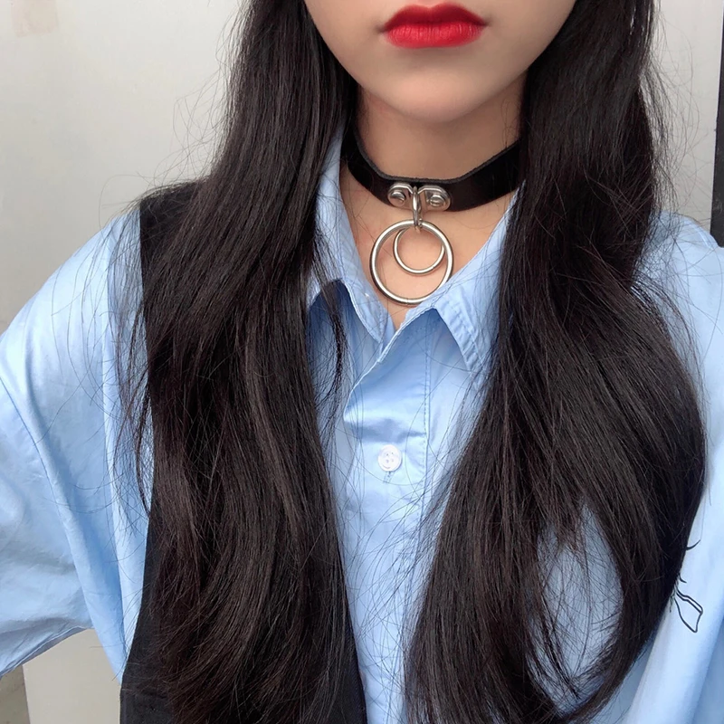 Black Punk PU Cool Adjustable Rock Necklaces Women Metal Double Round Gothic Outdoor Necklace Basic New Fashion Accessories