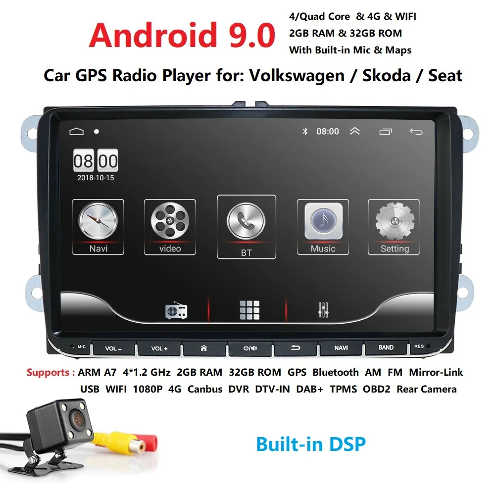 Android 9.0 Car Multimedia GPS Navigation 1024*600 4 Core for VW Volkswagen Skoda POLO GOLF 5 6 PAS