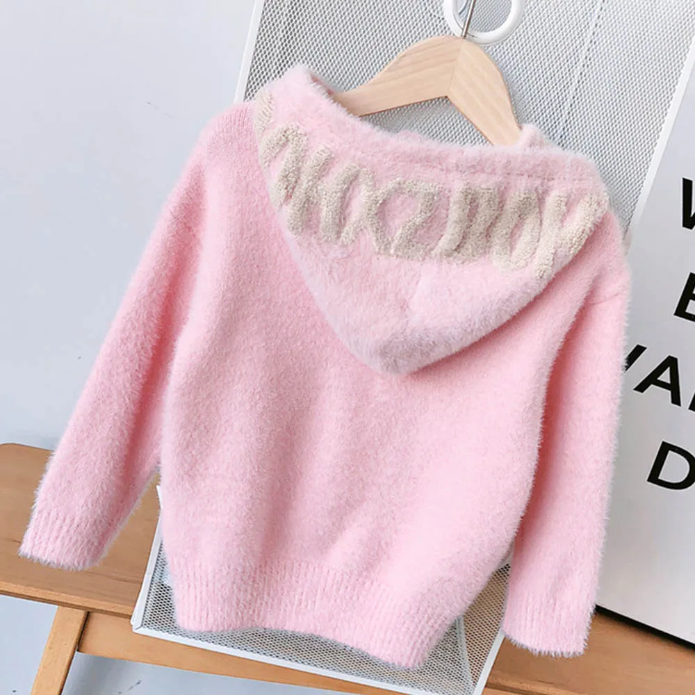 Halilo Kids Winter Sweater Letter Print Hooded Warm Girls Sweater Fashion Children Clothing Toddler Autumn Tops Clothes