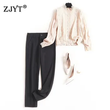 

2020 New Spring Lady Office Pants 2Piece Set Elegant Designer Long Sleeve Lace Top and Pants Suit Matching Set