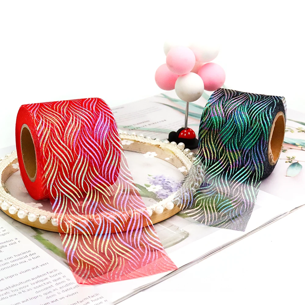 6cm 25Yards Illusory Organza Tulle Ribbon Water Wave Patern Mesh Tape Iridescent Color Fabric DIY Handmade Hairclips Bowknot ribbon decoration ribbon supplies organza ribbon fabric craft supplies