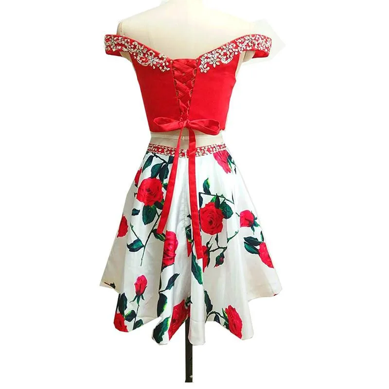 Floral Print Homecoming Dresses Short Two Piece Off the Shoulder Satin Beaded Prom Dress with Pockets
